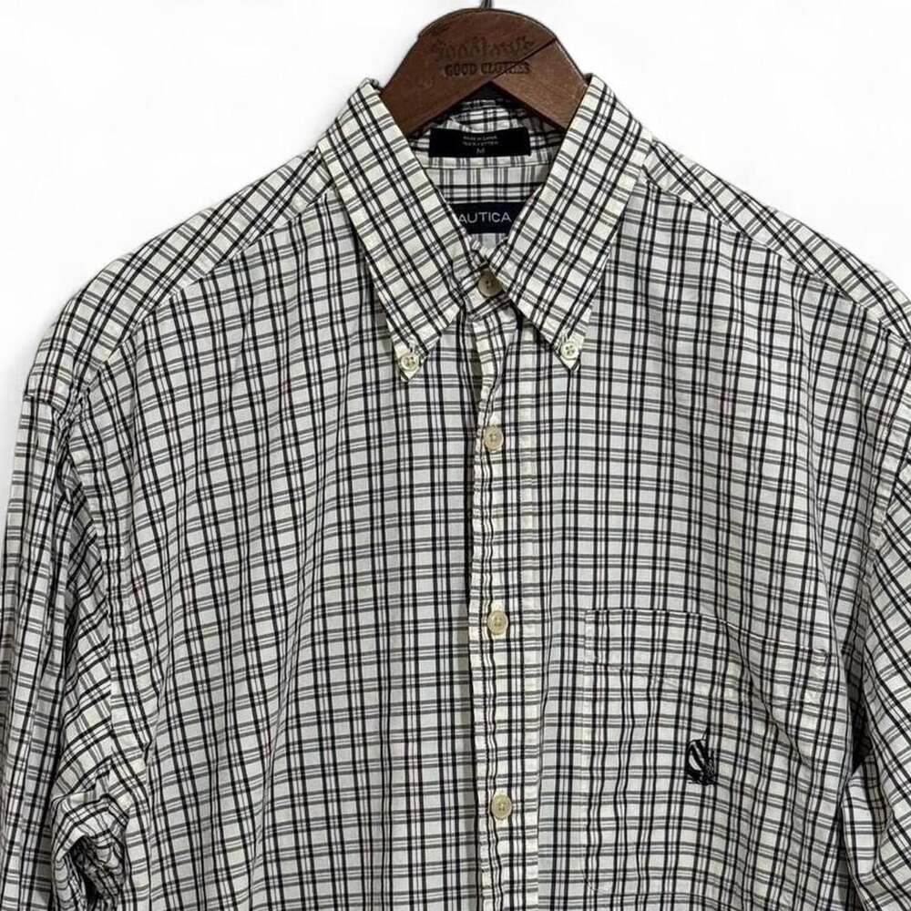 Nautica Plaid Button Down Shirt Size M Cream Black Tan Cotton